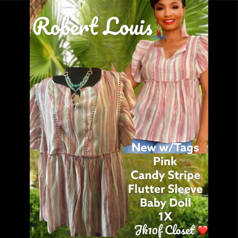 LOWEST🌺 NWT ROBERT LOUIS 1X PINK CANDY STRIPES BABY DOLL TOP
